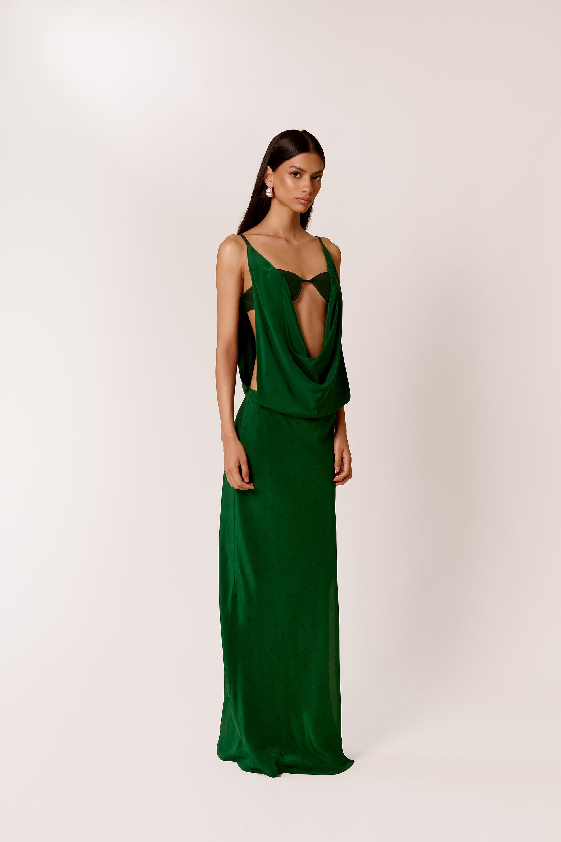 EMERALD GREEN MAXI DRESS WITH A DRAPED NECKLINE, SIDE CUT-OUTS
RAPSODIA A SOFIA IN GIADA