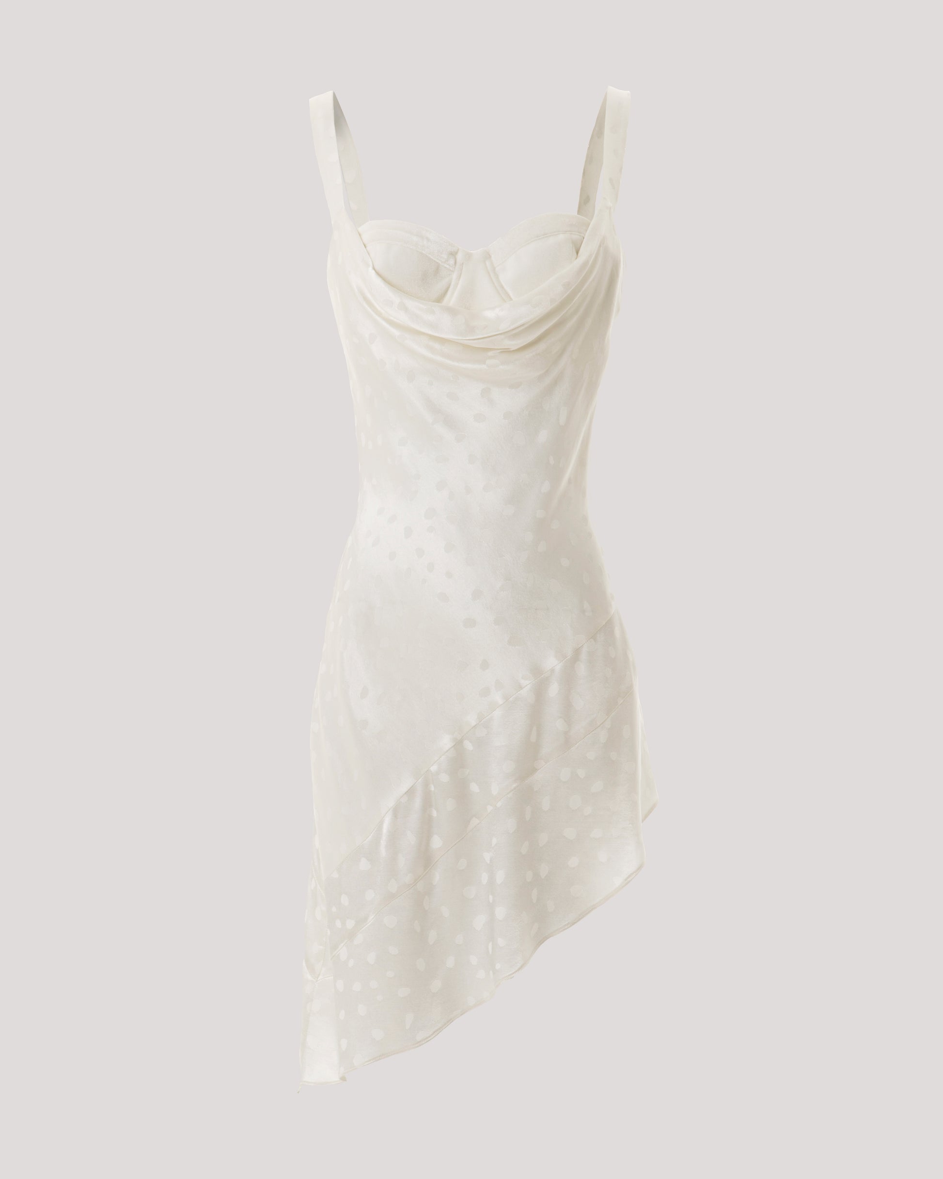 IVORY MINI DRESS WITH DRAPED NECKLINE AND SUBTLE POLKA-DOT TEXTURE
DICHOSA IN MARFIL