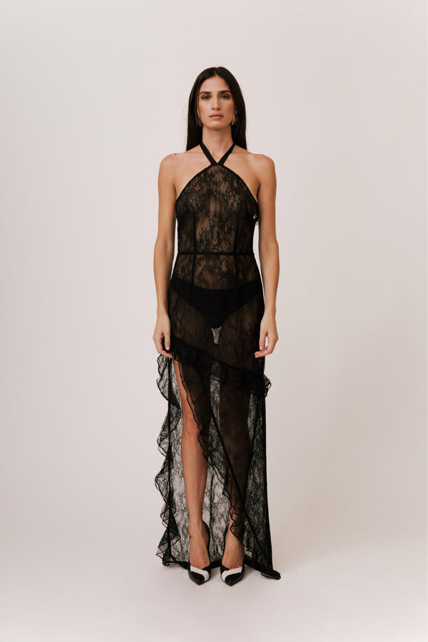 HALTER SHEER MAXI LACE DRESS