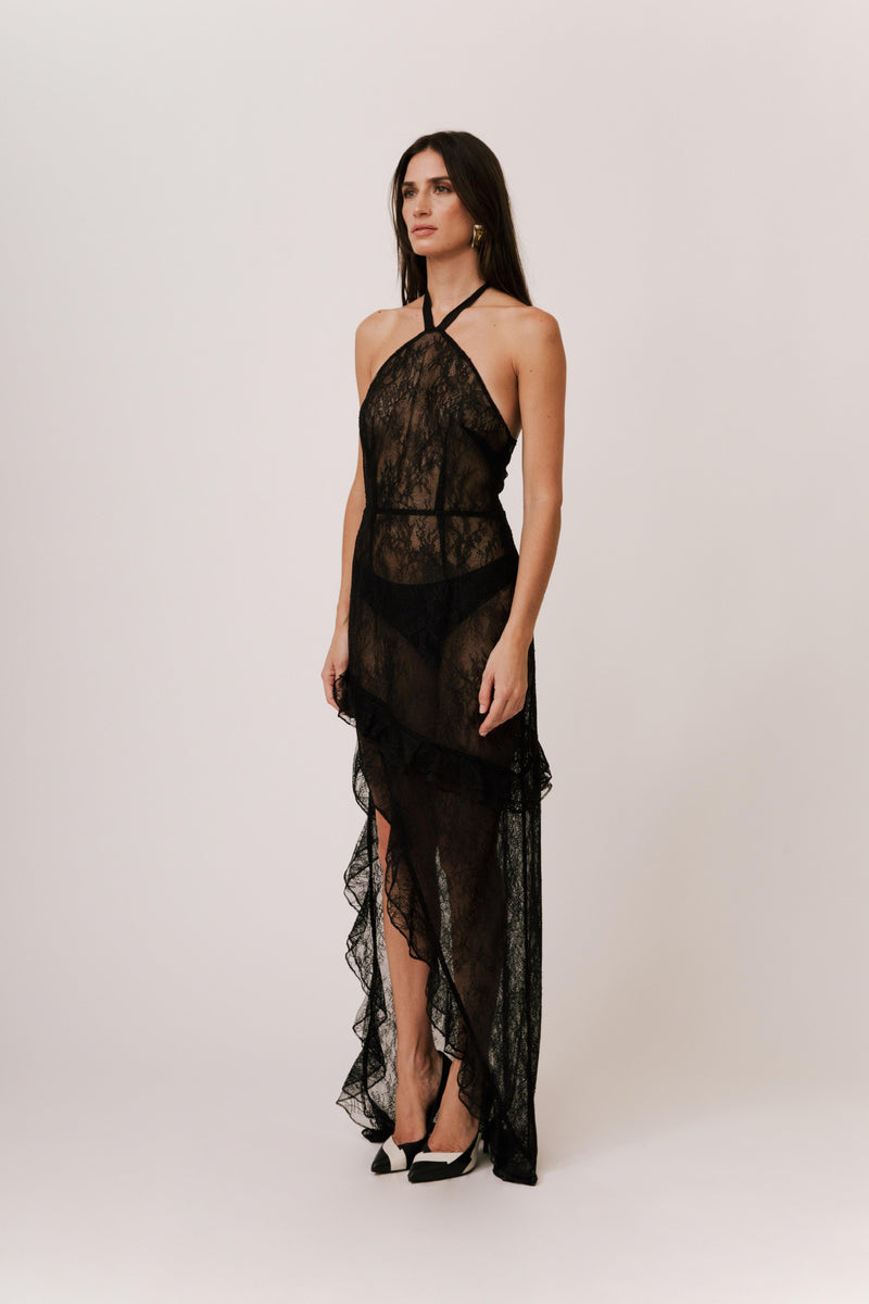 HALTER SHEER MAXI LACE DRESS