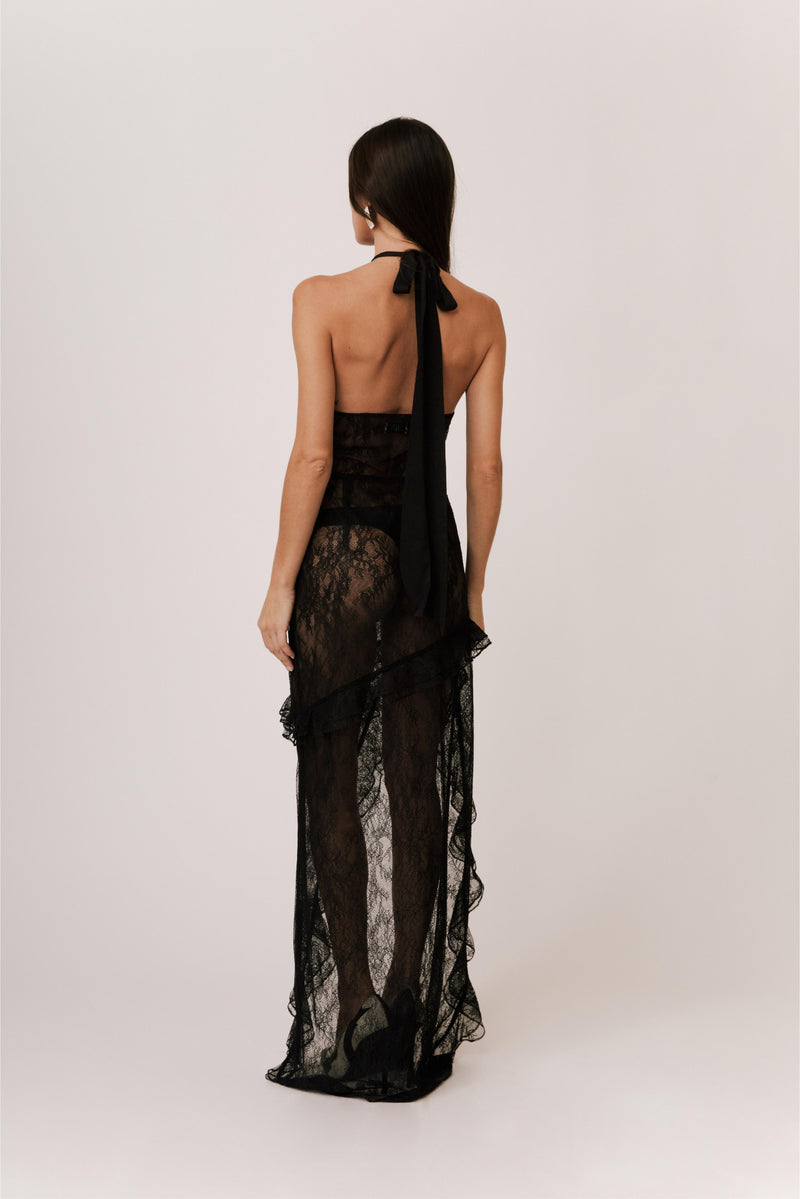 HALTER SHEER MAXI LACE DRESS