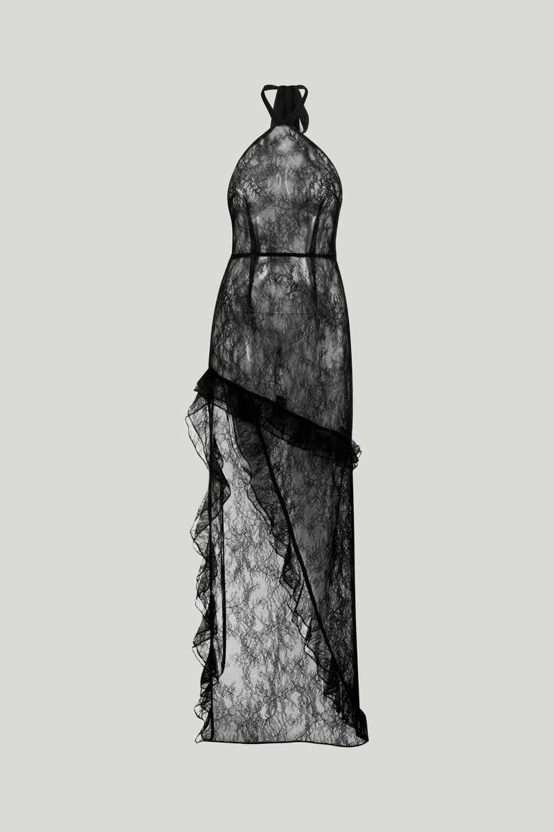 HALTER SHEER MAXI LACE DRESS