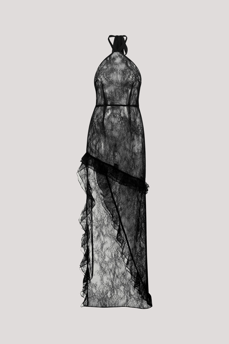 HALTER SHEER MAXI LACE DRESS