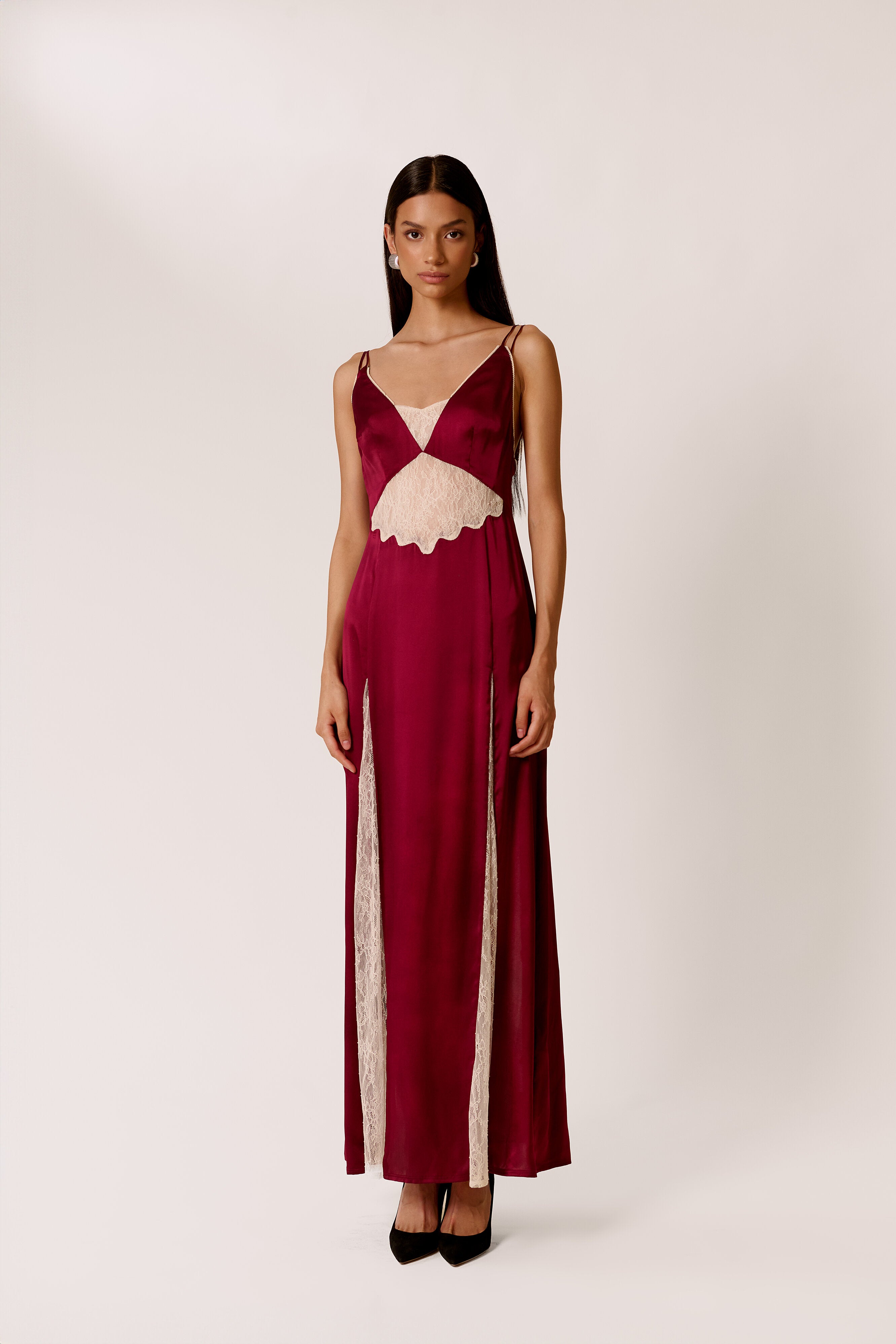BURGUNDY MIDAXI DRESS WITH LACE PANELS 
ALCAZAR IN MADDER