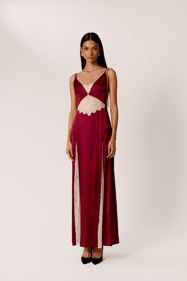 BURGUNDY MIDAXI DRESS WITH LACE PANELS 
ALCAZAR IN MADDER