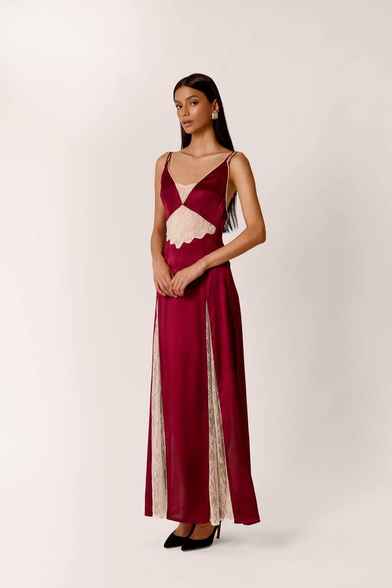 BURGUNDY MIDAXI DRESS WITH LACE PANELS 
ALCAZAR IN MADDER