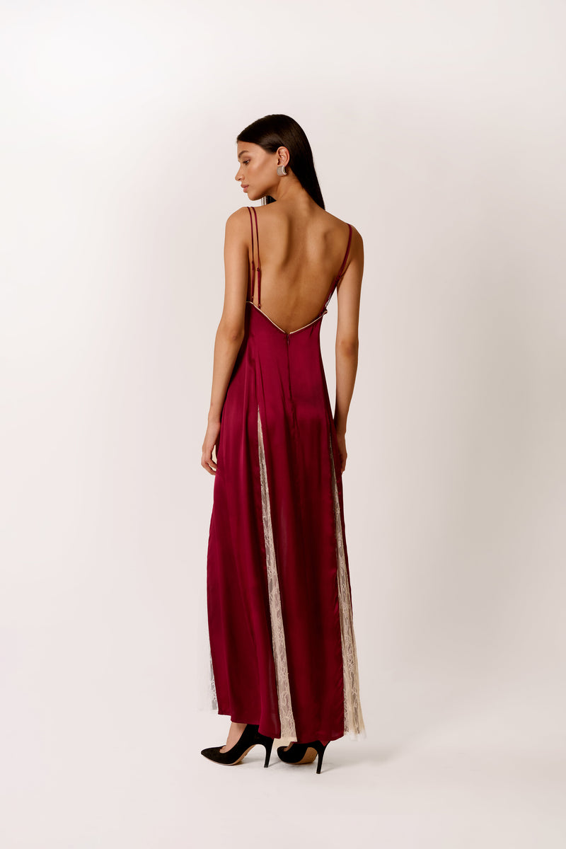BURGUNDY MIDAXI DRESS WITH LACE PANELS 
ALCAZAR IN MADDER