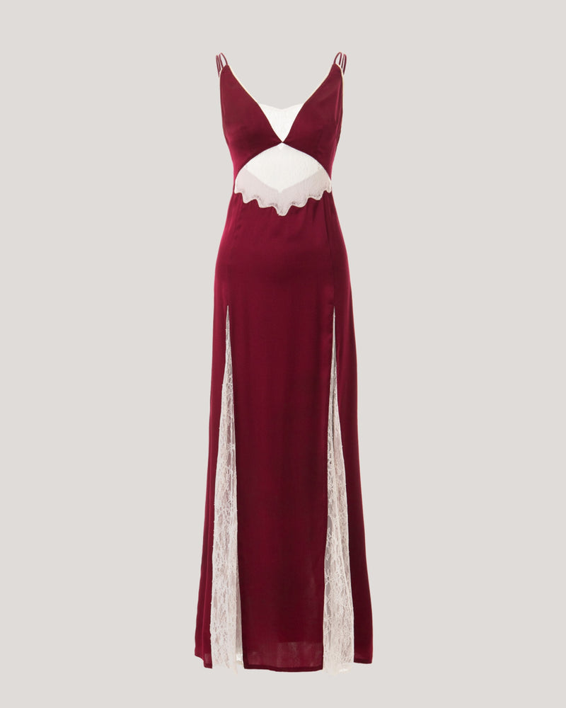 BURGUNDY MIDAXI DRESS WITH LACE PANELS 
ALCAZAR IN MADDER