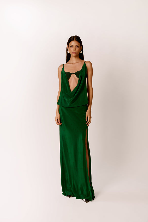 EMERALD GREEN MAXI DRESS WITH A DRAPED NECKLINE, SIDE CUT-OUTS
RAPSODIA A SOFIA IN GIADA