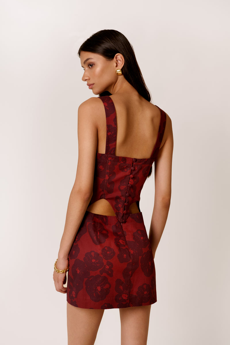 BOLD FLORAL PRINT CORSET STYLE MINI DRESS 
ENAMORADA IN AMAPOLA