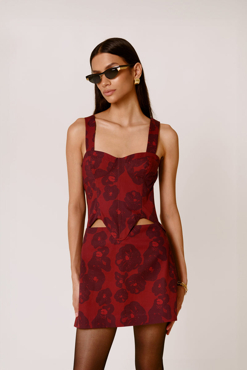 BOLD FLORAL PRINT CORSET STYLE MINI DRESS 
ENAMORADA IN AMAPOLA